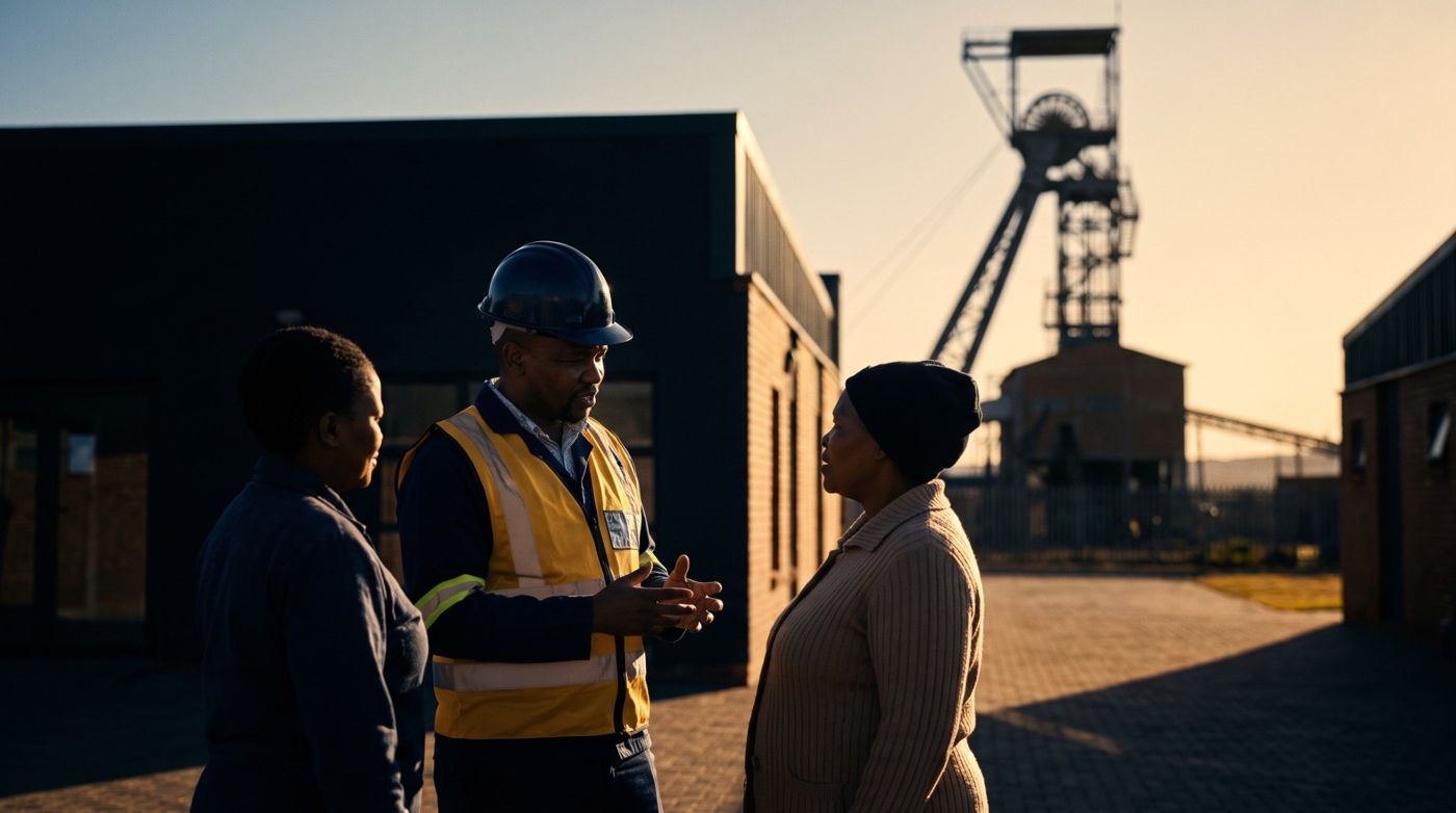 Mine community liaison officer meeting residents of a host community near a mine headframe